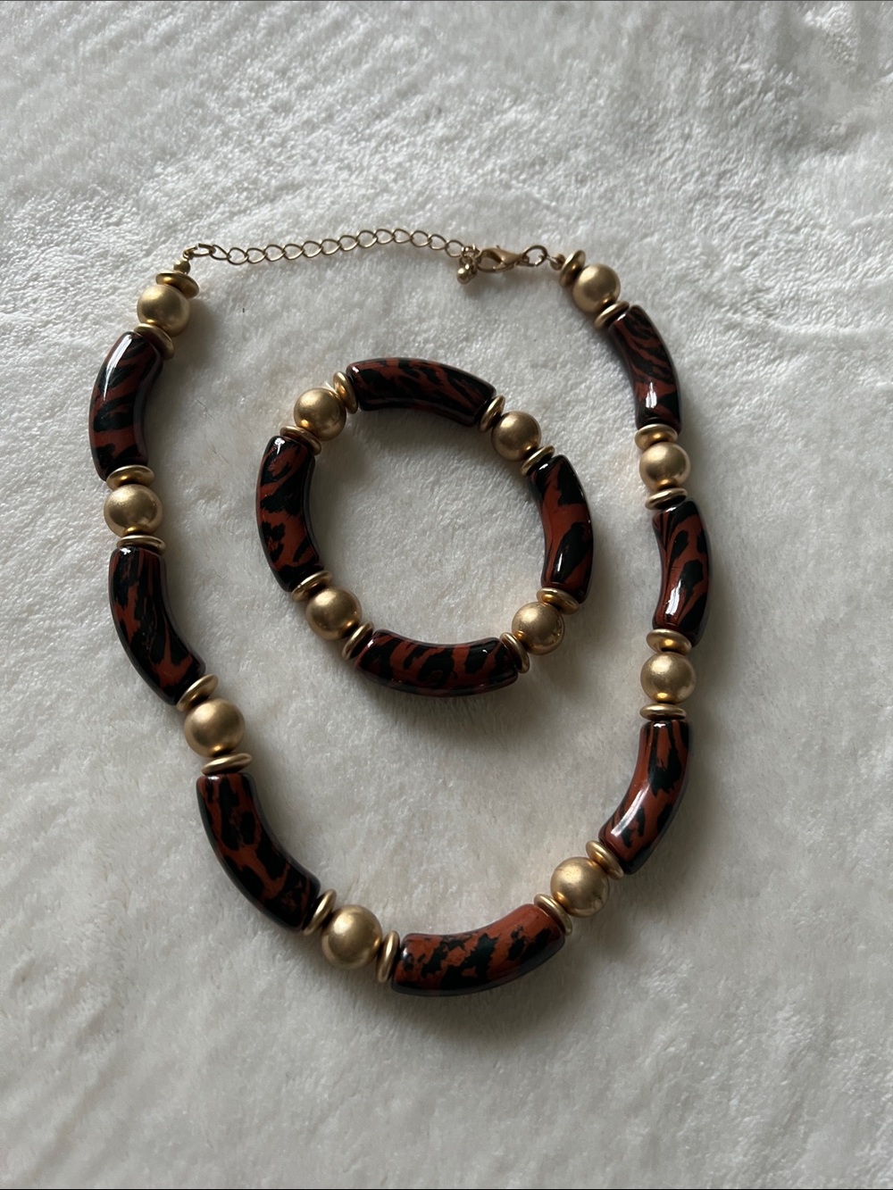 Brown & Gold Patterned Bead Necklace and Bracelet Set